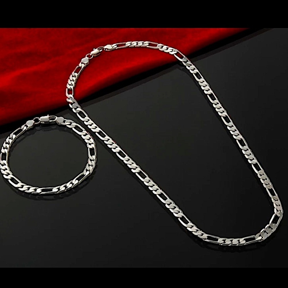 Sterling Silver Figaro 4mm Necklace Bracelet Matching Chain Link Unisex Set